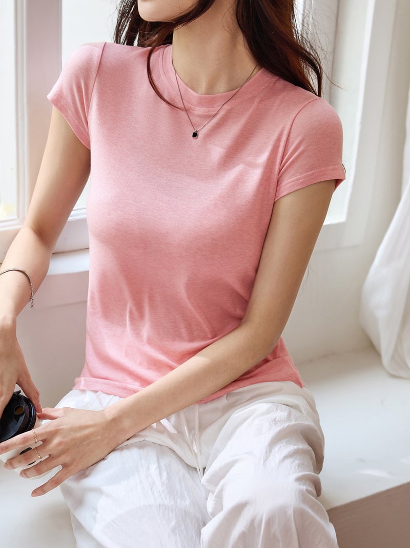 # Tencel Wool Lyocell# Thin Soft Waxy Skin-Friendly Transparent T-Shirt Women'S Summer Short-Sleeved Loose Slim Top - Image 4