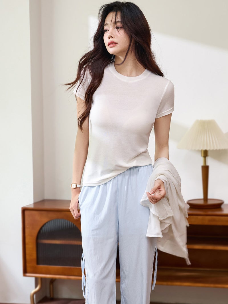 # Tencel Wool Lyocell# Thin Soft Waxy Skin-Friendly Transparent T-Shirt Women'S Summer Short-Sleeved Loose Slim Top - Image 3