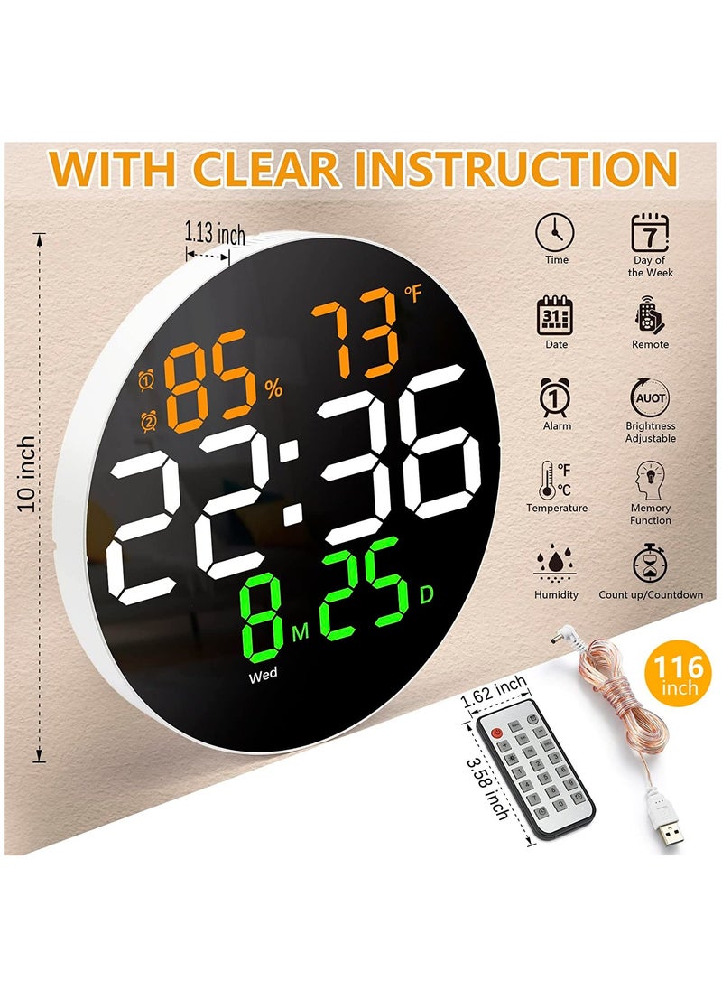 Furtey - Digital Wall Clock with LED Display Remote Control 10 Level Adjustable Brightness Digital Alarm Clock with Temperature Calendar Date 12/24H Digital Clock Large Display 10.0 Inch - Image 1