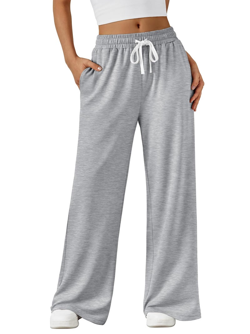 AUTOMET Wide Leg Lounge Pants Women Casual Sweatpants Baggy Yoga Sweat Pajamas Pants Fall Fashion Outfits with Pockets Grey L - Image 1