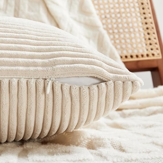 Guffaw Corduroy Pillow Covers Boho Decorative Spliced Throw Pillow Covers Soft Solid Couch Pillowcases Cross Patchwork Cushion Covers for Living Room Bed Sofa 16x16 inch (1, Cream) - Image 2