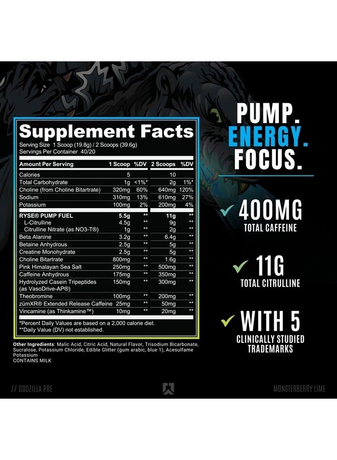RYSE Up Supplements Noel Deyzel x Godzilla Pre Workout | Intense Pumps, Energy, & Focus | Citrulline & Beta Alanine | 400mg Total Caffeine | 40 Servings (Monsterberry Lime) - Image 2