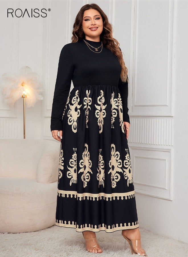 roaiss Women's Plus Size High Waisted Maxi Dress Black Printed Long Sleeve Loose Fit Fashion Elegant Casual Long Skirt For Women - Image 4