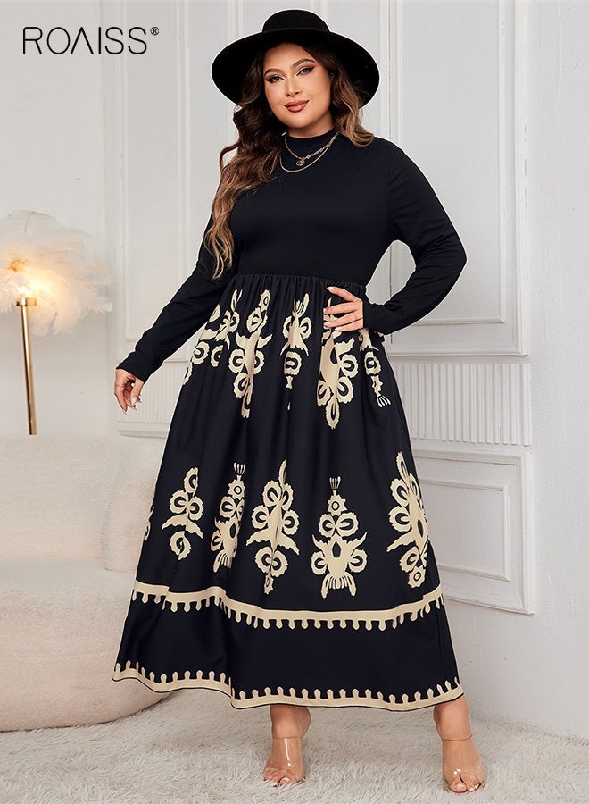roaiss Women's Plus Size High Waisted Maxi Dress Black Printed Long Sleeve Loose Fit Fashion Elegant Casual Long Skirt For Women - Image 3