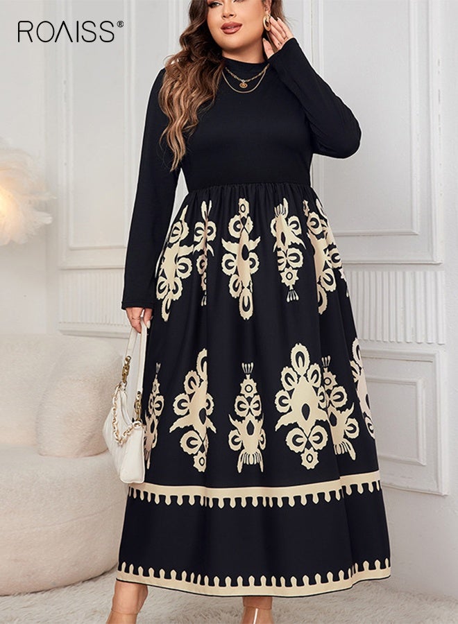 roaiss Women's Plus Size High Waisted Maxi Dress Black Printed Long Sleeve Loose Fit Fashion Elegant Casual Long Skirt For Women - Image 5