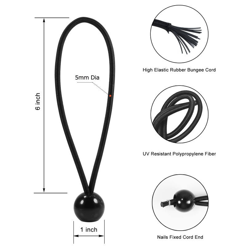 Joneaz Ball Bungee 4 Inch Black Tie Down Cord 1 Inch Ball 50-Piece Uv Resistant - Image 2