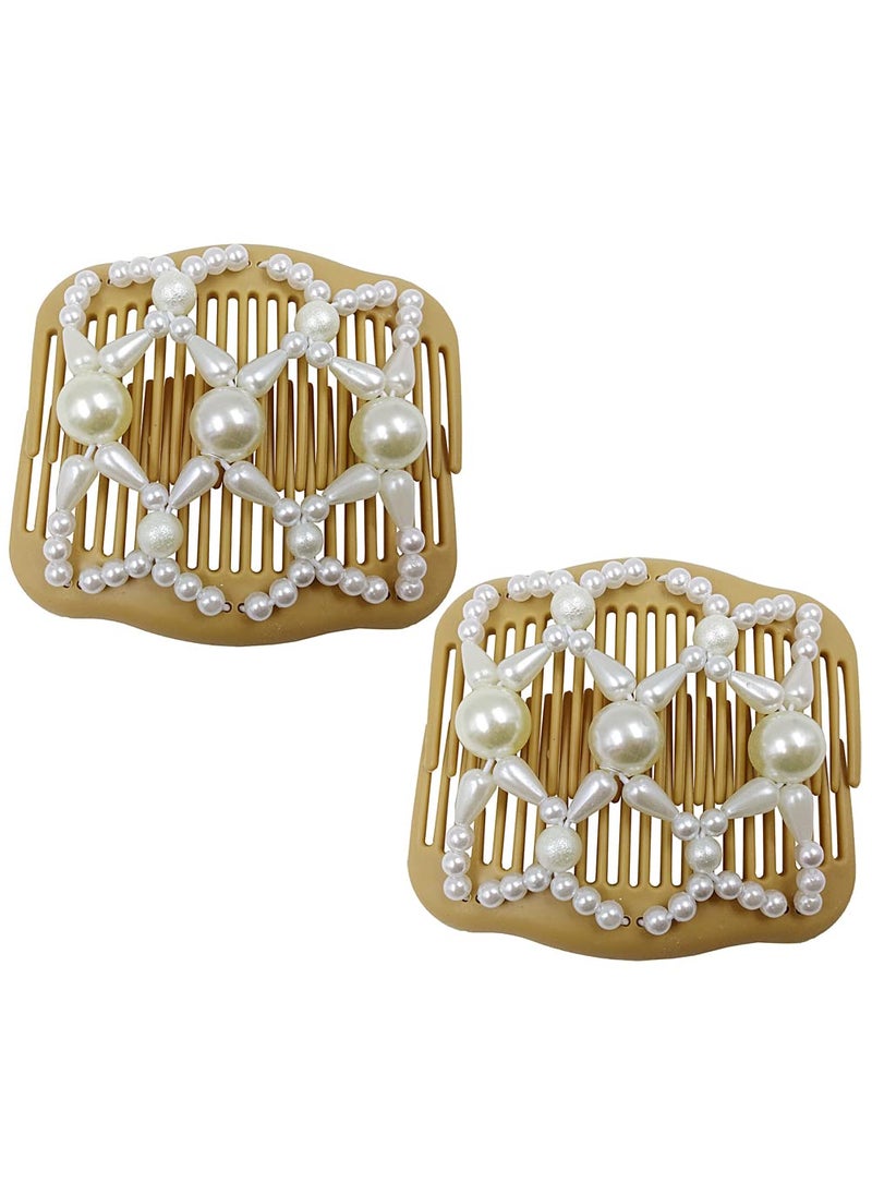 lasenersm 2 Pieces Hair Comb Hair Clip Bead Stretchy Hair Comb Double Wooden Hair Comb Clip Double Pearls Hair Comb Hairpin Stretch Double Hair Side Combs Hair Accessories Style 3 