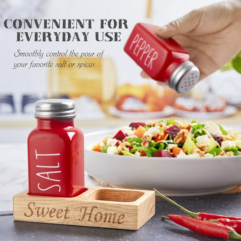 dopeca Red Salt and Pepper Shakers Set with Holder - Glass Salt Shaker with Wood Tray for Kitchen Counter - Red Kitchen Decor and Accessories - for Christmas Kitchen Housewarming Gift - 2.7 oz - Image 2