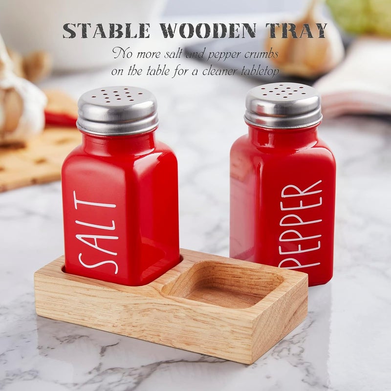 dopeca Red Salt and Pepper Shakers Set with Holder - Glass Salt Shaker with Wood Tray for Kitchen Counter - Red Kitchen Decor and Accessories - for Christmas Kitchen Housewarming Gift - 2.7 oz - Image 3
