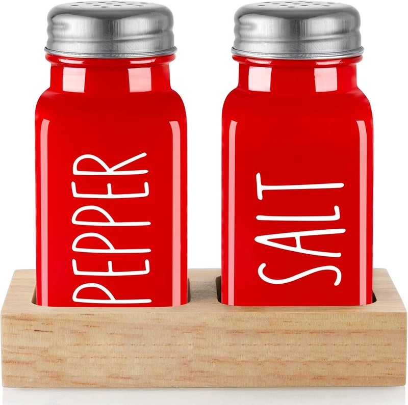 dopeca Red Salt and Pepper Shakers Set with Holder - Glass Salt Shaker with Wood Tray for Kitchen Counter - Red Kitchen Decor and Accessories - for Christmas Kitchen Housewarming Gift - 2.7 oz - Image 1