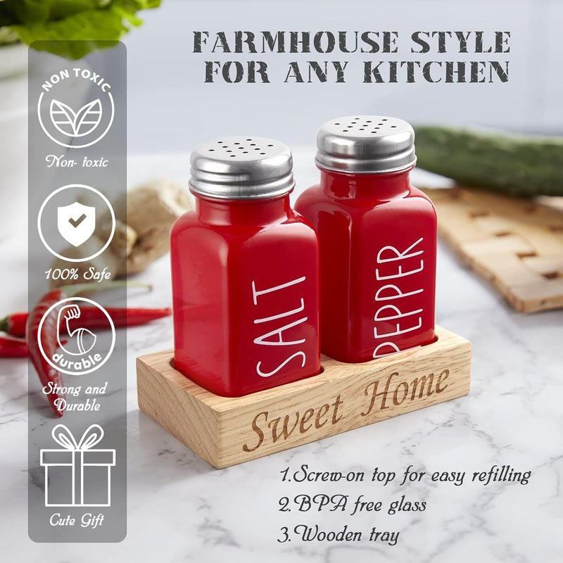 dopeca Red Salt and Pepper Shakers Set with Holder - Glass Salt Shaker with Wood Tray for Kitchen Counter - Red Kitchen Decor and Accessories - for Christmas Kitchen Housewarming Gift - 2.7 oz - Image 4