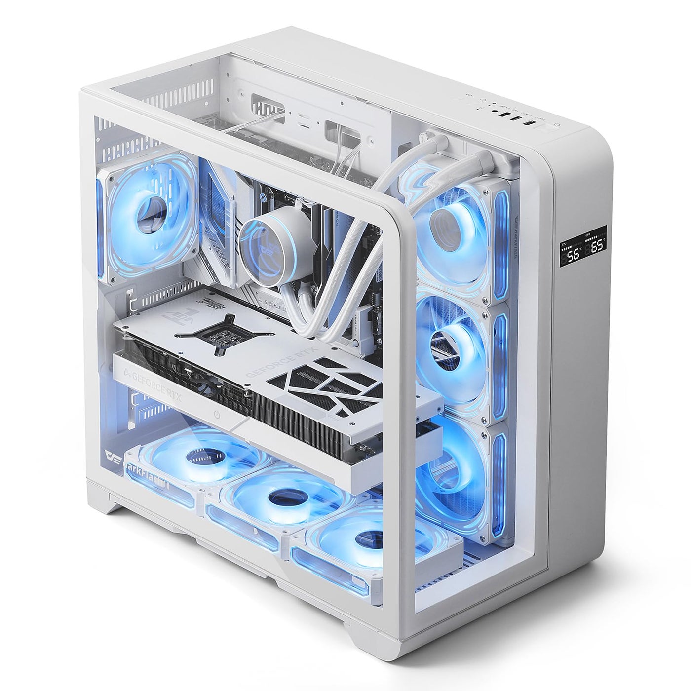 darkFlash ATX Mid-Tower PC Case with Screen, Three Side Glass, Curved Full View Dual Gaming PC Case, 4 PWM ARGB Fans Computer Case Pre-Installed, Type C, RTX 40 Compatible, White(L280)