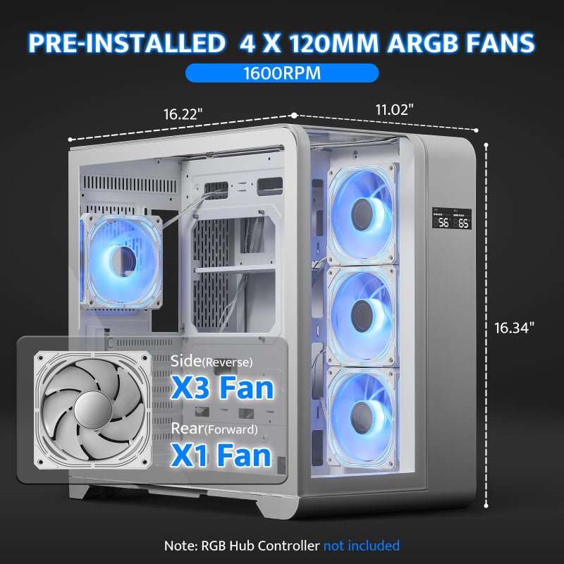 darkFlash ATX Mid-Tower PC Case with Screen, Three Side Glass, Curved Full View Dual Gaming PC Case, 4 PWM ARGB Fans Computer Case Pre-Installed, Type C, RTX 40 Compatible, White(L280) - Image 4