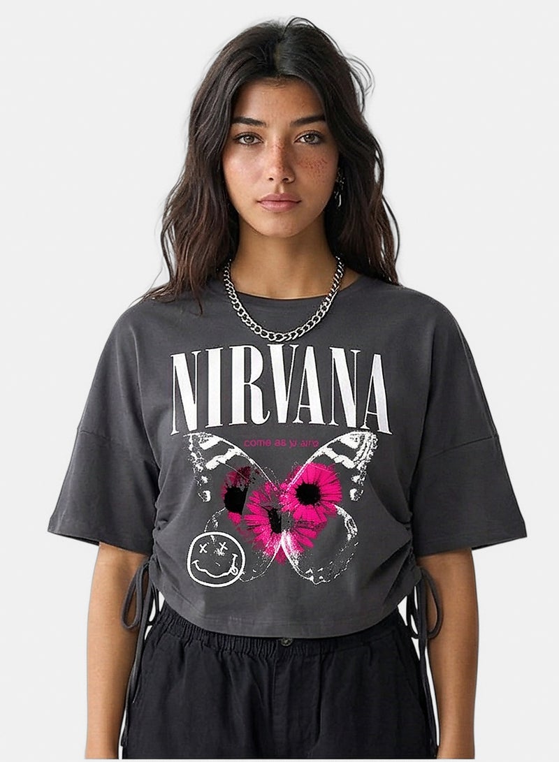RAVIN Women Charcoal Nirvana Graphic Side-Tie Cropped Tee - Image 1