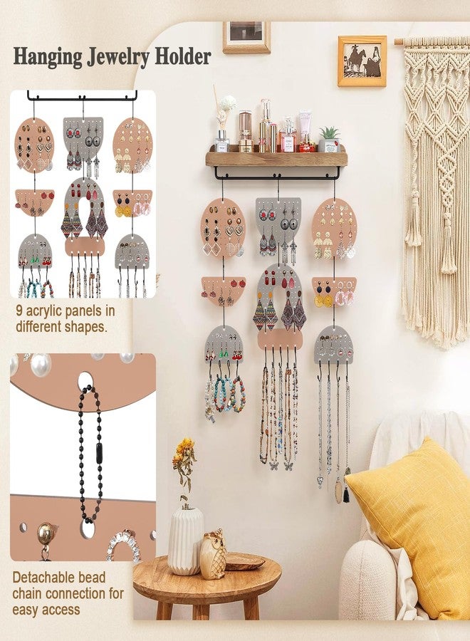 Keebofly Wall Mounted Jewelry Organizer, Boho Hanging Earring Holder with Wood Shelf & Necklace Hooks, Acrylic Pegboard Earring Display Rack for 100+ Pairs Studs, Hoops & Dangles, Decorative Storage - Image 3