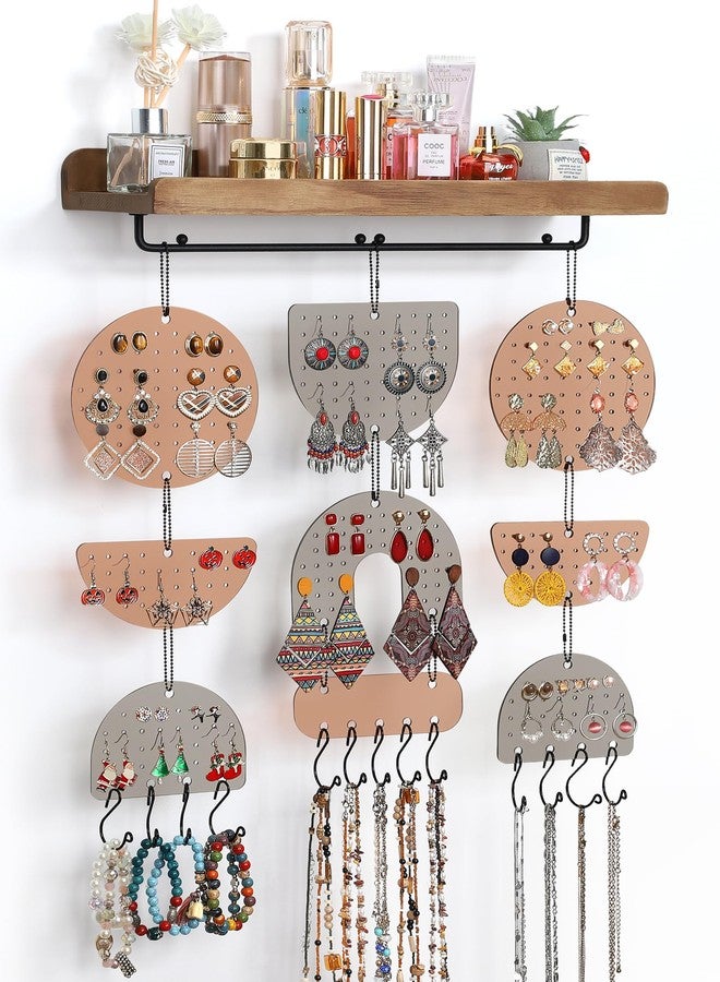 Keebofly Wall Mounted Jewelry Organizer, Boho Hanging Earring Holder with Wood Shelf & Necklace Hooks, Acrylic Pegboard Earring Display Rack for 100+ Pairs Studs, Hoops & Dangles, Decorative Storage - Image 1