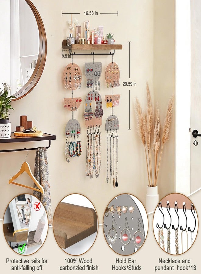 Keebofly Wall Mounted Jewelry Organizer, Boho Hanging Earring Holder with Wood Shelf & Necklace Hooks, Acrylic Pegboard Earring Display Rack for 100+ Pairs Studs, Hoops & Dangles, Decorative Storage - Image 2