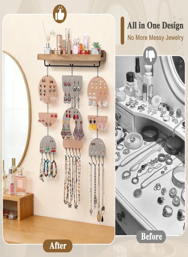 Keebofly Wall Mounted Jewelry Organizer, Boho Hanging Earring Holder with Wood Shelf & Necklace Hooks, Acrylic Pegboard Earring Display Rack for 100+ Pairs Studs, Hoops & Dangles, Decorative Storage - Image 5