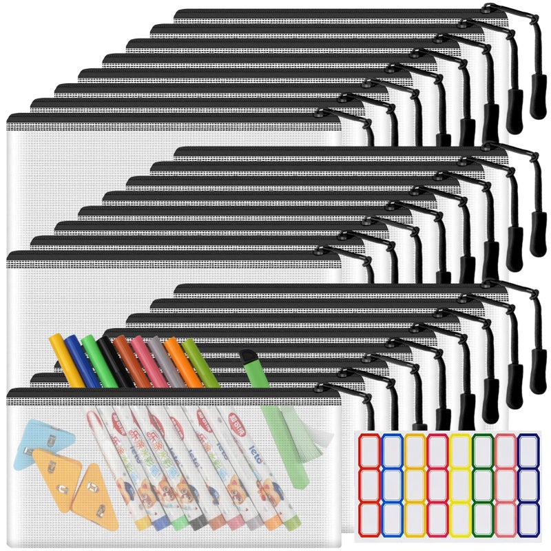 YOPCDJ 24 Pack Mesh Zipper Pouch Bags Small Zipper Pencil Pouches 92 x 47 in Clear Pencil Pouch Bulk Pencil Bags with Zipper for Travel Storage Black