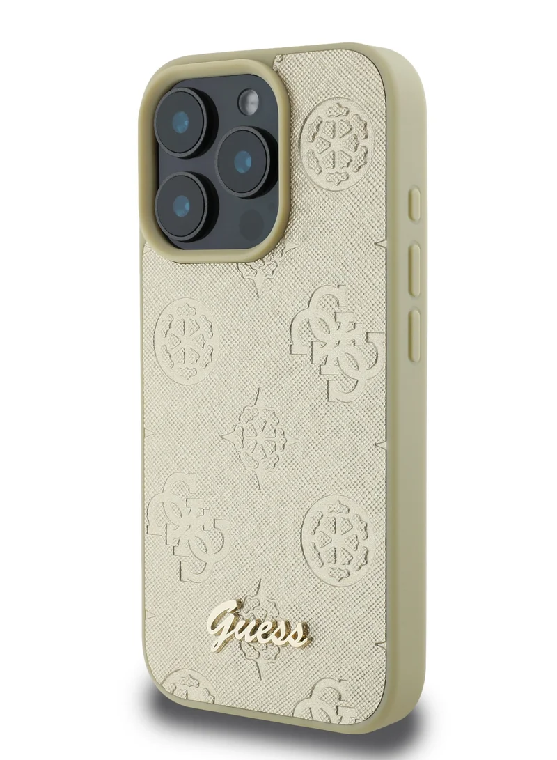 GUESS PU Case With Peony Hot Stamp and Metal Script Logo for iPhone 16 Pro / Ultimate Protection / Durable Back Cover - Gold