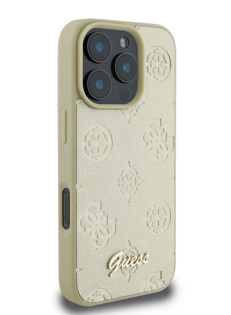 GUESS PU Case With Peony Hot Stamp and Metal Script Logo for iPhone 16 Pro / Ultimate Protection / Durable Back Cover - Gold