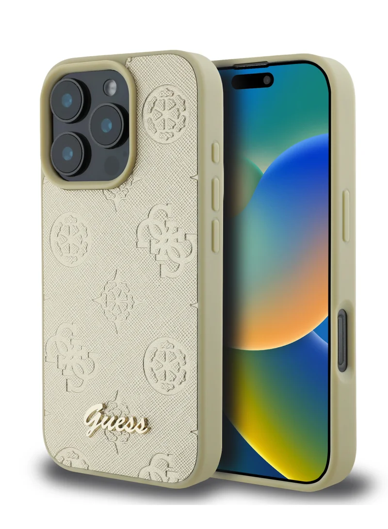 GUESS PU Case With Peony Hot Stamp and Metal Script Logo for iPhone 16 Pro / Ultimate Protection / Durable Back Cover - Gold