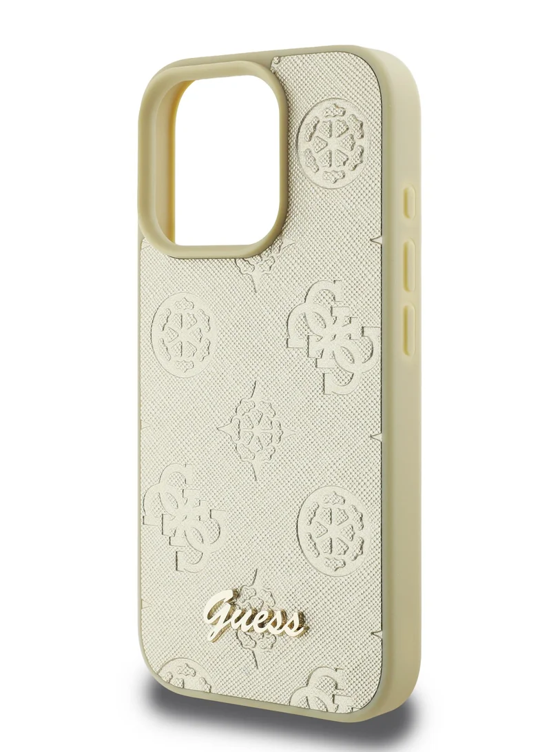 GUESS PU Case With Peony Hot Stamp and Metal Script Logo for iPhone 16 Pro / Ultimate Protection / Durable Back Cover - Gold