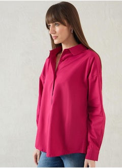 Femmella Solid Back Button Detail Dropped Shoulder Shirt by Styli  - Image 3