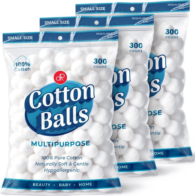 900 ct Small Cotton Balls, 100% Pure Natural Cotton, for Make-Up, Nail Polish Removal, Pet Care, Soft and Absorbent (Pack of 900)
