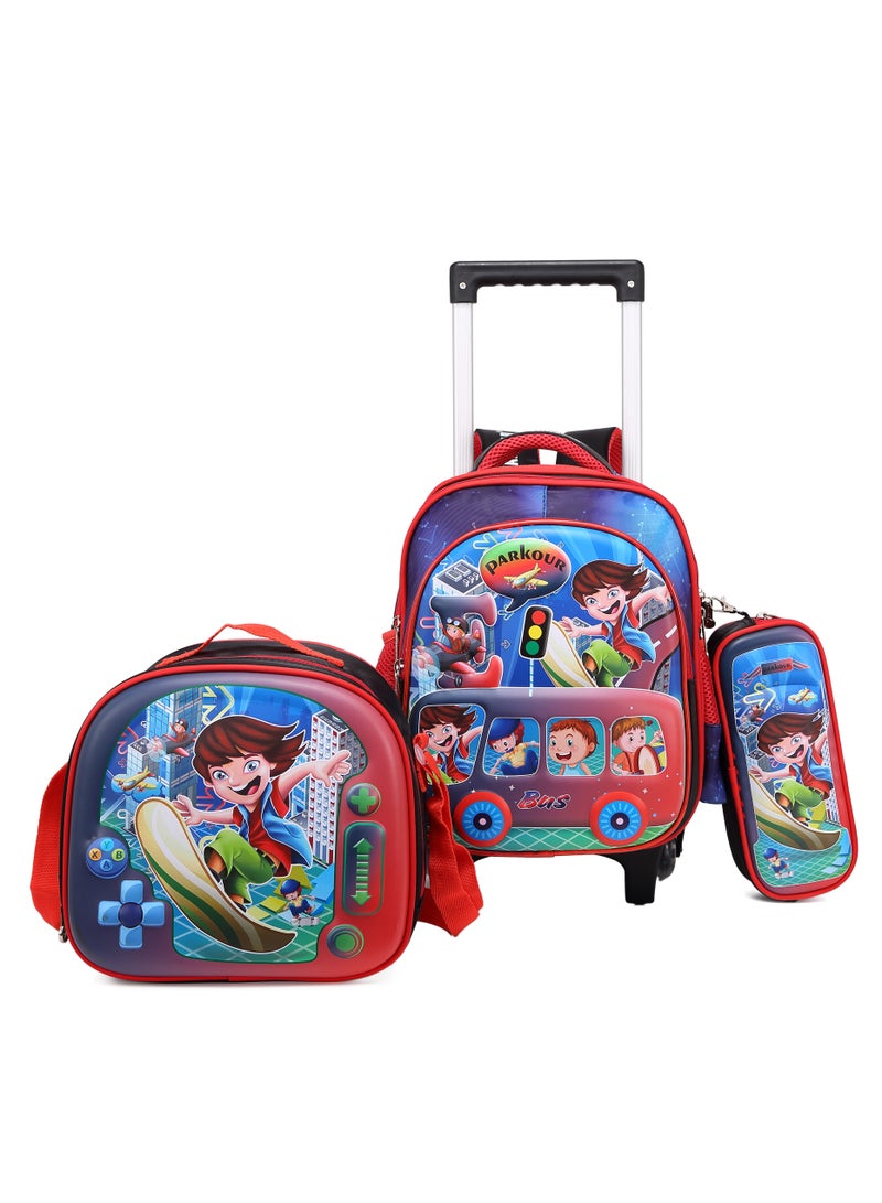 ستارجولد حقيبة ظهر للأطفال 3 قطع للأطفال الأولاد، 1 غداء، 1 صندوق أقلام رصاص و1 حقيبة مع حزام قابل للتعديل للمدرسة 2 عجلات 12 بوصة - Image 1