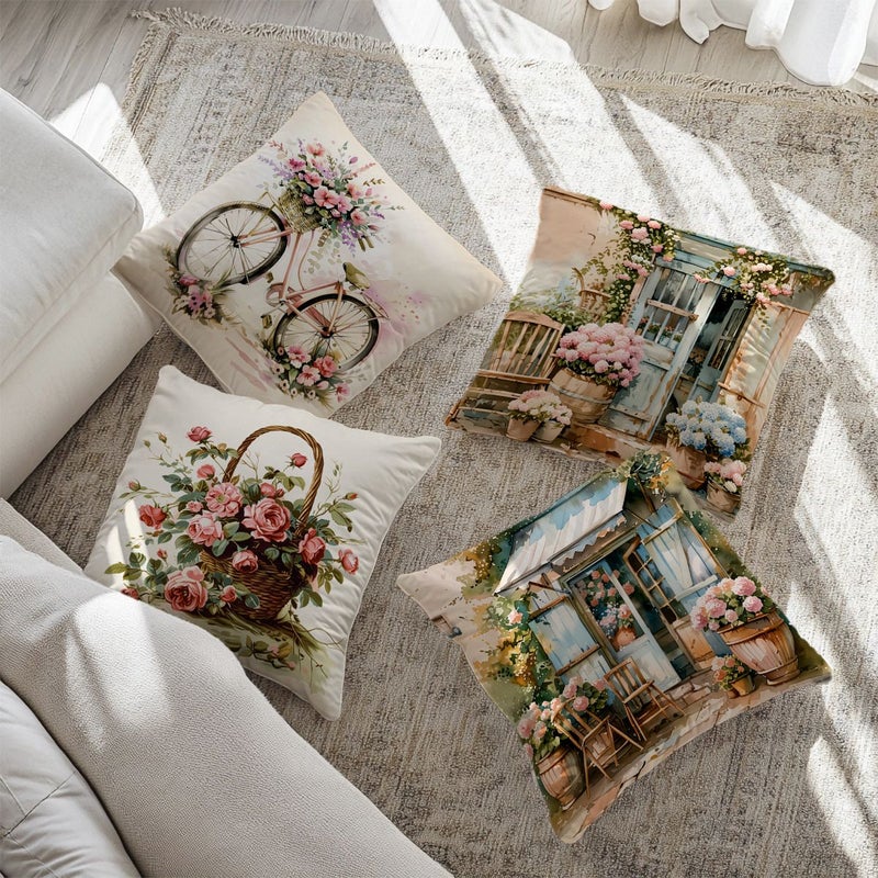 Set Of 4 Vintage Floral Pillow Covers For Home Decor 24x24 Inch - Image 5