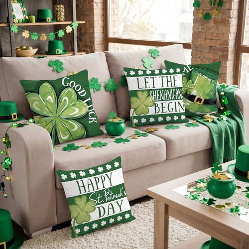 FUTBU St. Patrick's Day Throw Pillow Covers, Lucky Sharmcork Clover Pinch Me Hat Cushion Case Decoration for Sofa Couch Set of 4 Bless Our House 18x18 Inch - Image 3