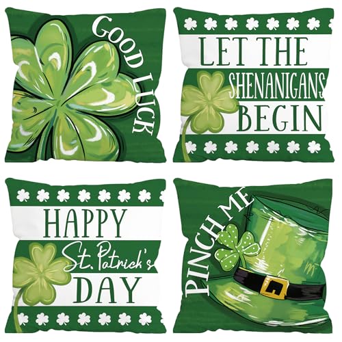 FUTBU St. Patrick's Day Throw Pillow Covers, Lucky Sharmcork Clover Pinch Me Hat Cushion Case Decoration for Sofa Couch Set of 4 Bless Our House 18x18 Inch - Image 1