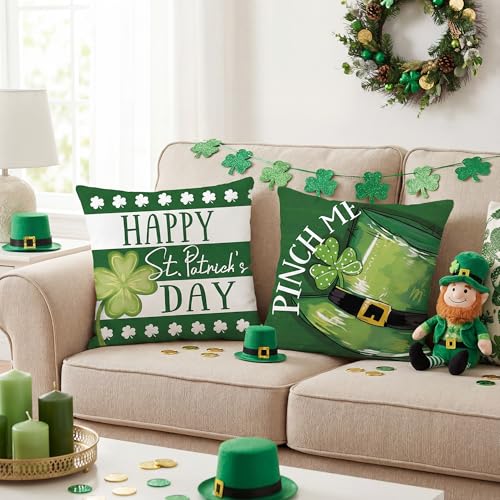 FUTBU St. Patrick's Day Throw Pillow Covers, Lucky Sharmcork Clover Pinch Me Hat Cushion Case Decoration for Sofa Couch Set of 4 Bless Our House 18x18 Inch - Image 5