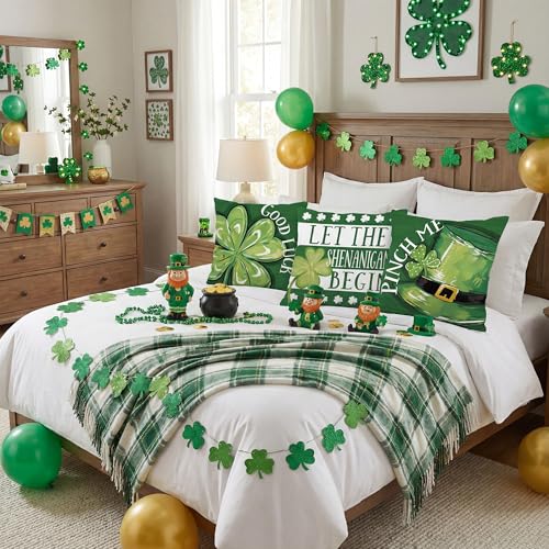 FUTBU St. Patrick's Day Throw Pillow Covers, Lucky Sharmcork Clover Pinch Me Hat Cushion Case Decoration for Sofa Couch Set of 4 Bless Our House 18x18 Inch - Image 4