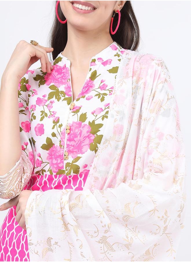 Vishudh - Women Pink Floral Printed Kurta Set with Palazzos & Dupatta by Styli - Image 1