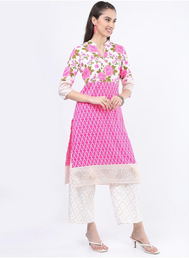 Vishudh - Women Pink Floral Printed Kurta Set with Palazzos & Dupatta by Styli - Image 1