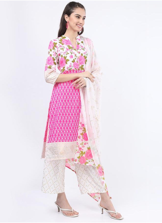 Vishudh - Women Pink Floral Printed Kurta Set with Palazzos & Dupatta by Styli - Image 1