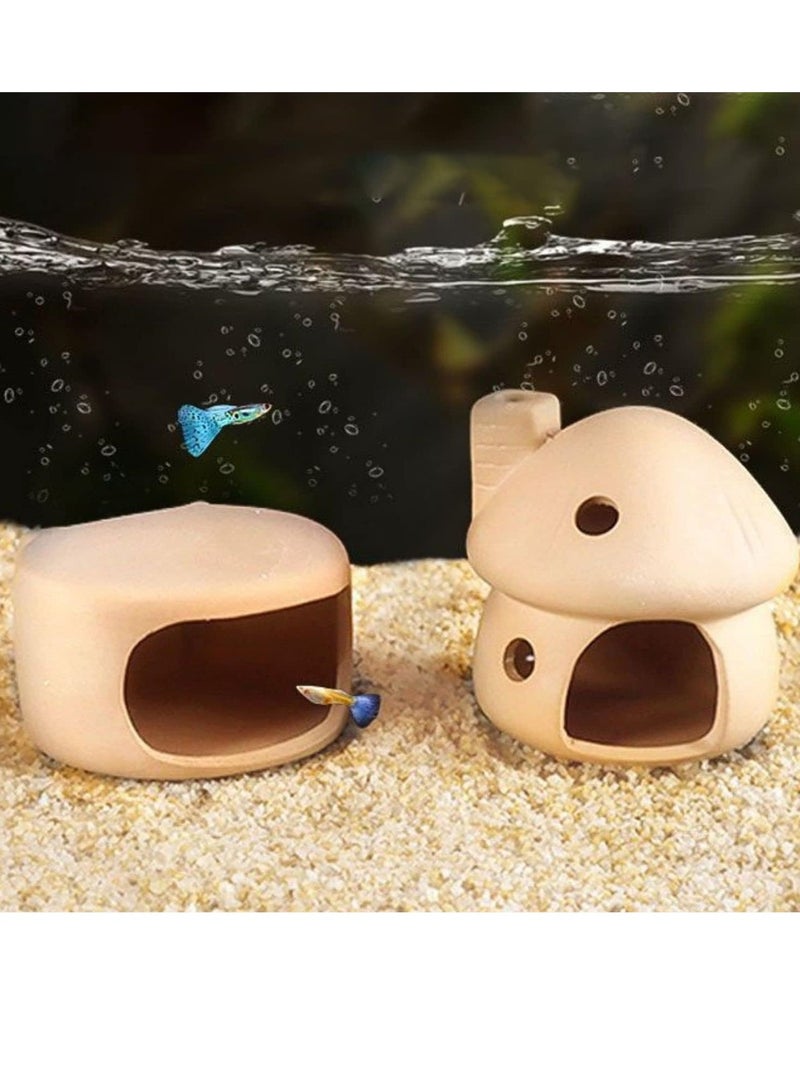 SYOSI Aquarium Mushroom House with Cave Decorations Ceramic Cave Fish Tank Accessories Landscape Decor for Small Shrimp to Rest and Breed Hiding Beige - Image 1