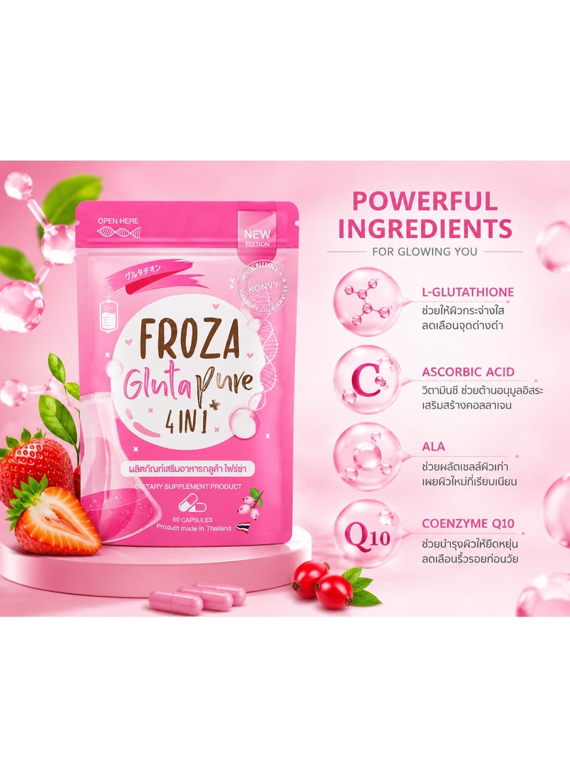 FROZA Gluta Pure 4 in 1 Supplement | L-Glutathione, Ascorbic Acid, ALA & CoQ10 Capsules | 60 Capsules - Image 2