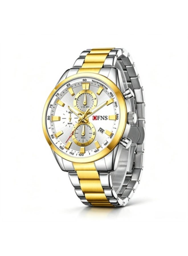 Men's Quartz Chronograph Watch, Oversized Luminous Dial with Calendar, Water Resistant Stainless Steel Band, Business & Sports Wrist Watch for Him - OFNS - Image 1