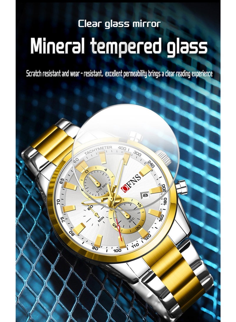 Men's Quartz Chronograph Watch, Oversized Luminous Dial with Calendar, Water Resistant Stainless Steel Band, Business & Sports Wrist Watch for Him - OFNS - Image 2