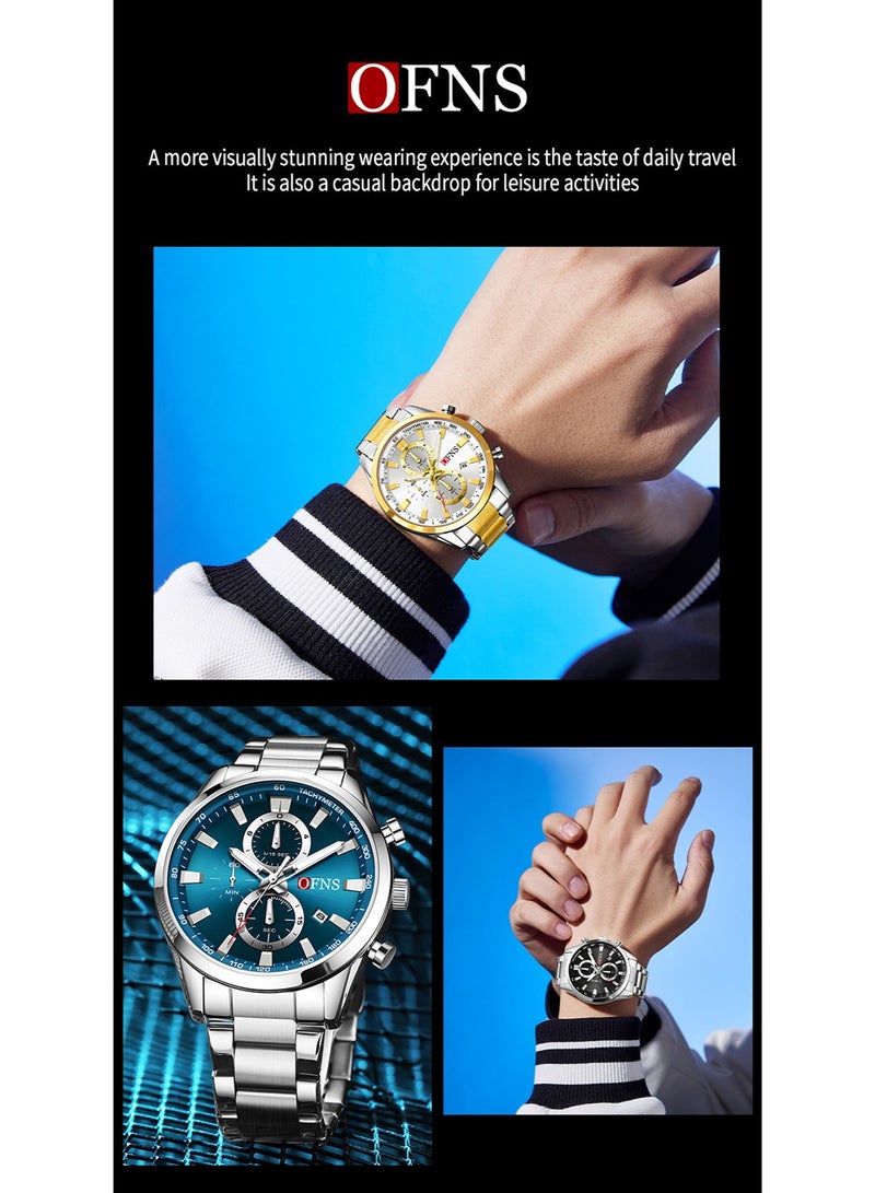 Men's Quartz Chronograph Watch, Oversized Luminous Dial with Calendar, Water Resistant Stainless Steel Band, Business & Sports Wrist Watch for Him - OFNS - Image 3