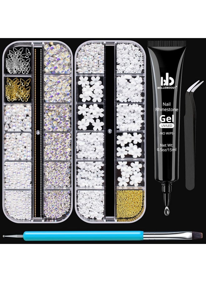 BELLEBOOST Nail Art Rhinestone Glue Gel&2 Boxes 3D Charms Accessories Kit 5 1 Pc Of 15Ml Rhinestone Glue(Uv/Led Needed)+3D Flowers Nail Decors Gems Crystal Pearls Bow Beads With Dualend Brush Tool And Tweezer  - Image 1
