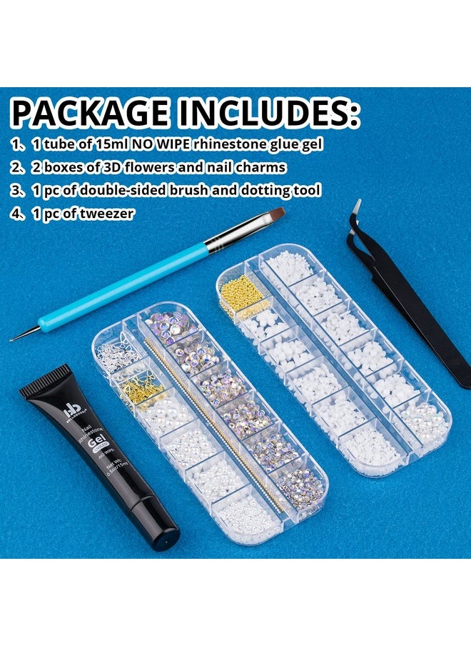 BELLEBOOST Nail Art Rhinestone Glue Gel&2 Boxes 3D Charms Accessories Kit 5 1 Pc Of 15Ml Rhinestone Glue(Uv/Led Needed)+3D Flowers Nail Decors Gems Crystal Pearls Bow Beads With Dualend Brush Tool And Tweezer  - Image 2