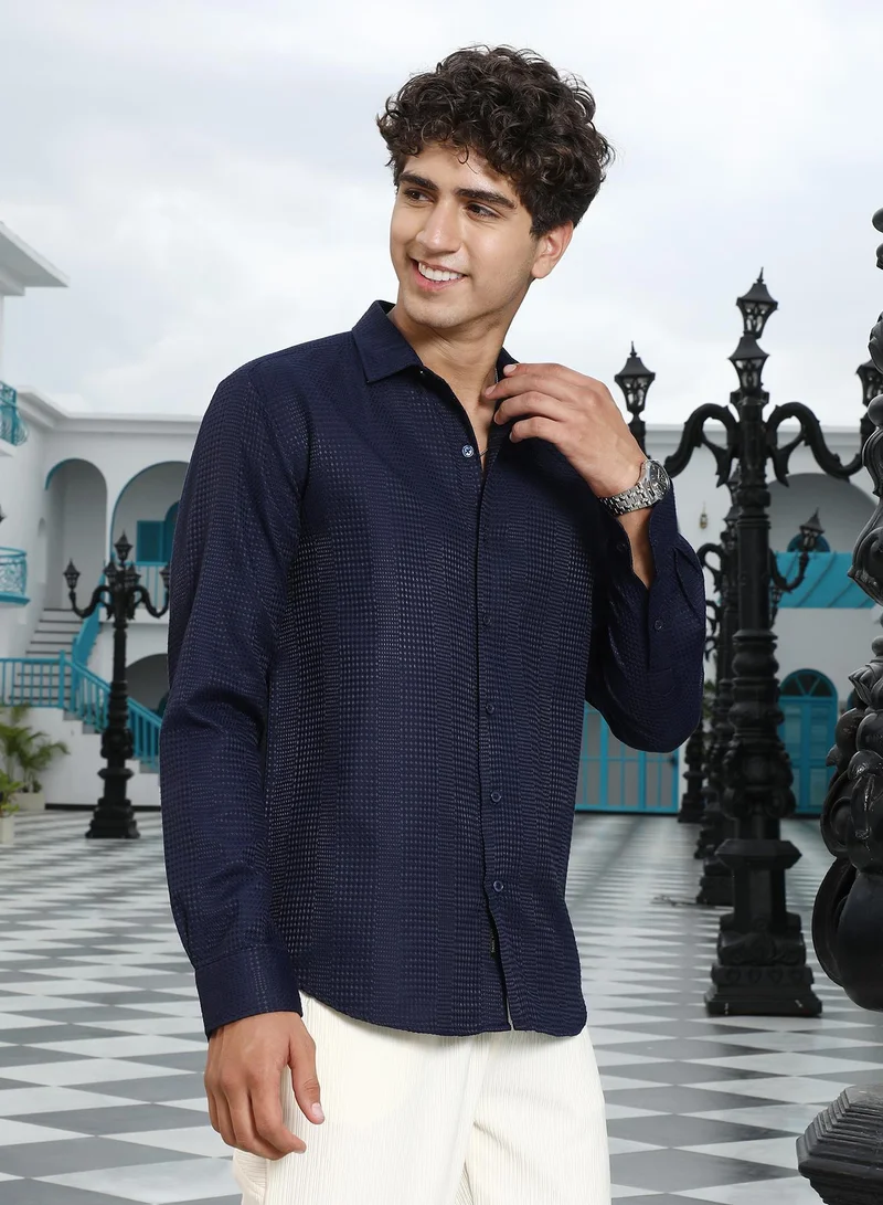 Campus Sutra Men's Midnight Blue Geometric-Panel Jacquard Shirt