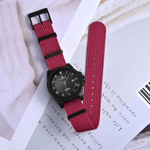 ANNEFIT Nylon Watch Band 22mm OnePiece Waterproof Military Watch Straps with Heavy Black Buckle Red - Image 3
