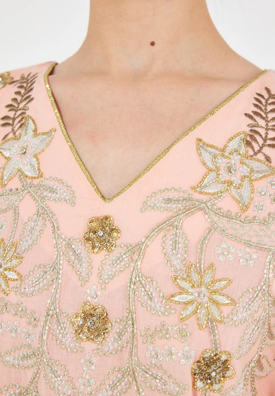 Thouq Cold Shoulder Balloon Sleeve Embroidered Jalabiya