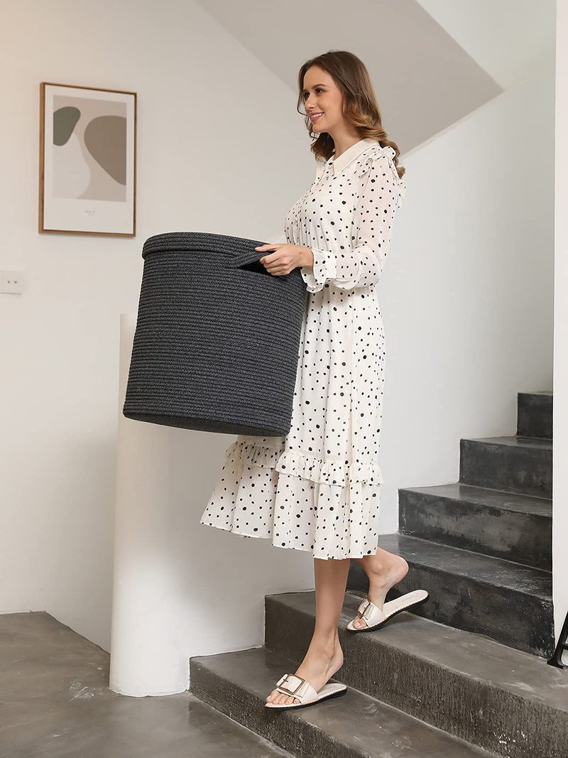Cottonphant 16" x 16" x 18" Extra Large Storage Basket with Lid, Cotton Rope Storage Baskets, Laundry Hamper, Cloth Bin, for Clothes Towels Blankets Pillows Storage in Living Room, All Black Grey Mix Basket - Image 2