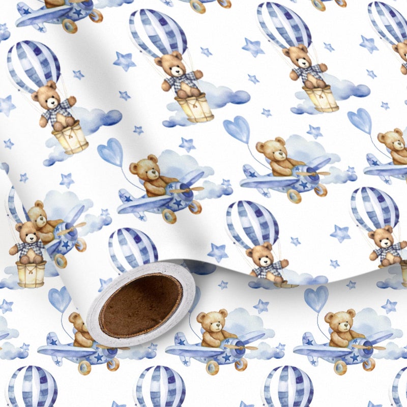 LeZakaa Baby Bear Wrapping Paper Roll, Blue Teddy Bear in Hot Air Balloon Design for Baby Boy Birthday, Baby Shower, Mini Roll, 17 inches x 9.8 Feet - Image 1